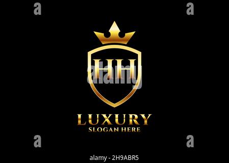 HH elegant luxury monogram logo or badge template with scrolls and royal crown - perfect for luxurious branding projects Stock Vector