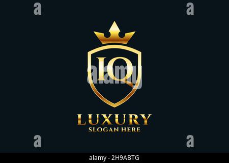 IQ elegant luxury monogram logo or badge template with scrolls and royal crown - perfect for luxurious branding projects Stock Vector