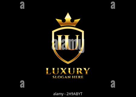 IU elegant luxury monogram logo or badge template with scrolls and royal crown - perfect for luxurious branding projects Stock Vector