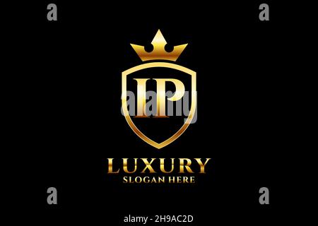 IP elegant luxury monogram logo or badge template with scrolls and royal crown - perfect for luxurious branding projects Stock Vector