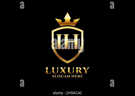 IH elegant luxury monogram logo or badge template with scrolls and royal crown - perfect for luxurious branding projects Stock Vector