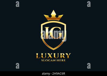IG elegant luxury monogram logo or badge template with scrolls and royal crown - perfect for luxurious branding projects Stock Vector