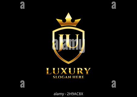 JU elegant luxury monogram logo or badge template with scrolls and royal crown - perfect for luxurious branding projects Stock Vector