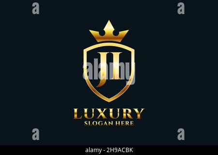 JI elegant luxury monogram logo or badge template with scrolls and royal crown - perfect for luxurious branding projects Stock Vector