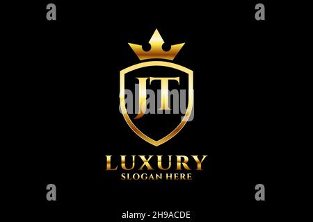 JT elegant luxury monogram logo or badge template with scrolls and royal crown - perfect for luxurious branding projects Stock Vector
