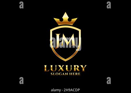 JM elegant luxury monogram logo or badge template with scrolls and royal crown - perfect for luxurious branding projects Stock Vector