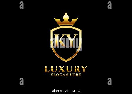 KY elegant luxury monogram logo or badge template with scrolls and royal crown - perfect for luxurious branding projects Stock Vector