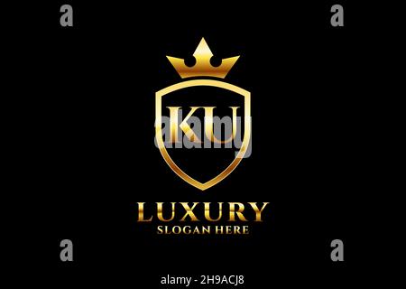 KU elegant luxury monogram logo or badge template with scrolls and royal crown - perfect for luxurious branding projects Stock Vector