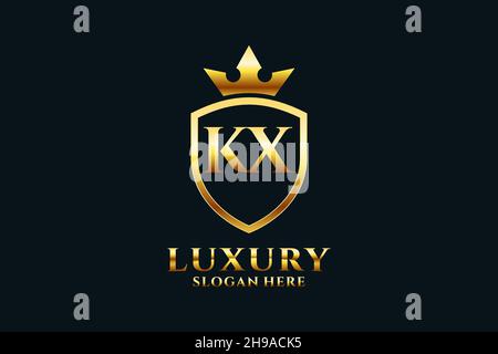 KX elegant luxury monogram logo or badge template with scrolls and royal crown - perfect for luxurious branding projects Stock Vector