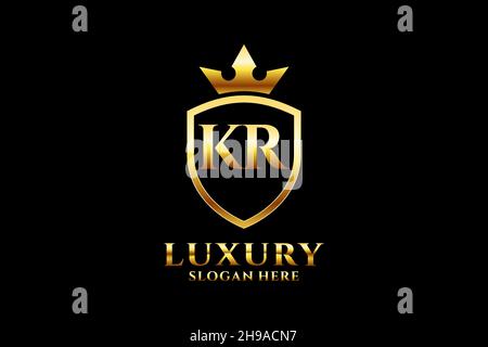 KR elegant luxury monogram logo or badge template with scrolls and royal crown - perfect for luxurious branding projects Stock Vector