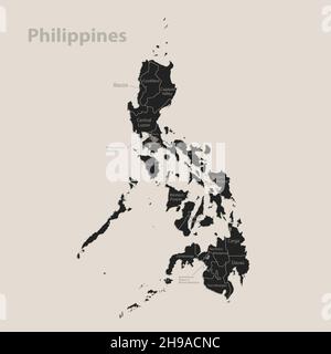Black map of Philippines with names of regions, design blackboard vector Stock Vector