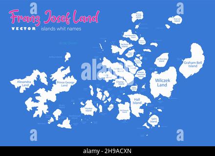 Franz Josef Land map, island whit names, blue background vector Stock Vector