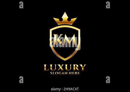 KM elegant luxury monogram logo or badge template with scrolls and royal crown - perfect for luxurious branding projects Stock Vector
