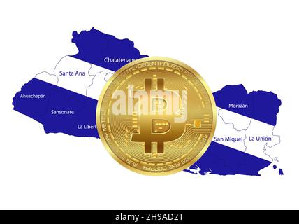 Map of the El Salvador in the colors of the flag with Bitcoin vector Stock Vector
