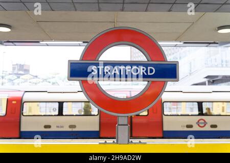 Tube logo on train platform at London Stratford station England UK Stock Photo