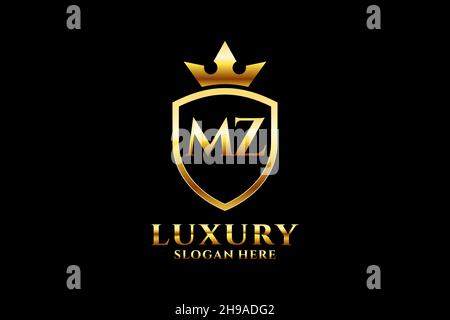 MZ elegant luxury monogram logo or badge template with scrolls and royal crown - perfect for luxurious branding projects Stock Vector