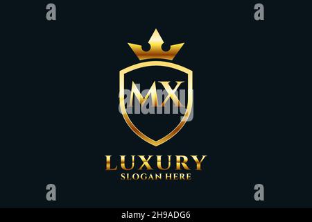 MX elegant luxury monogram logo or badge template with scrolls and royal crown - perfect for luxurious branding projects Stock Vector