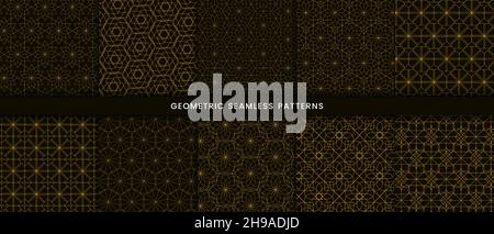 Set of geometric seamless pattern floral design. Luxury with shiny gold lines on dark background Stock Vector