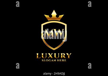 MW elegant luxury monogram logo or badge template with scrolls and royal crown - perfect for luxurious branding projects Stock Vector