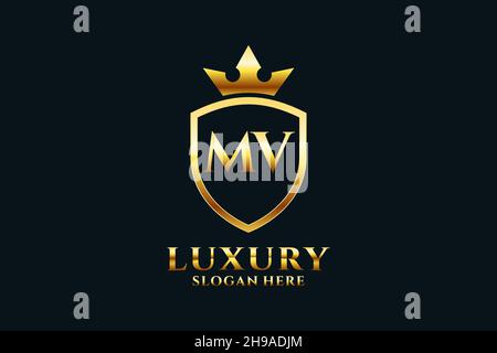 MV elegant luxury monogram logo or badge template with scrolls and royal crown - perfect for luxurious branding projects Stock Vector