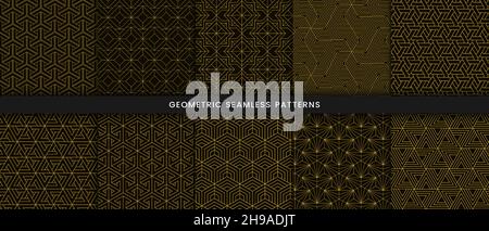 Set of geometric seamless pattern polygonal shape. Luxury with shiny gold lines on dark background Stock Vector
