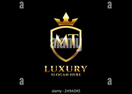 MT elegant luxury monogram logo or badge template with scrolls and royal crown - perfect for luxurious branding projects Stock Vector