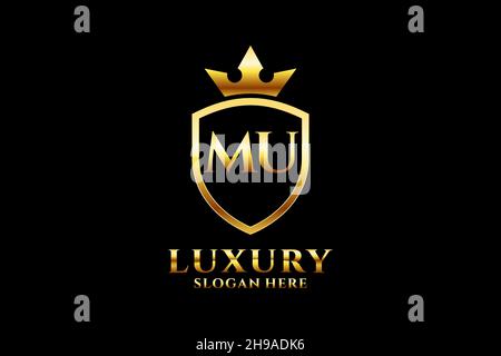 MU elegant luxury monogram logo or badge template with scrolls and royal crown - perfect for luxurious branding projects Stock Vector