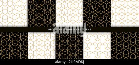 Set of geometric seamless pattern hexagonal shape. Luxury background with gold lines on black and white color Stock Vector