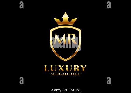MR elegant luxury monogram logo or badge template with scrolls and royal crown - perfect for luxurious branding projects Stock Vector