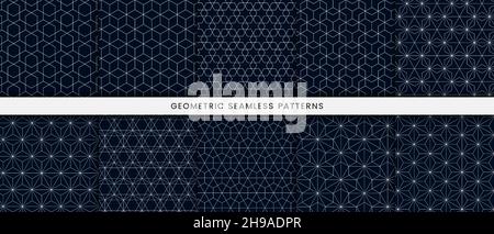 Set of geometric seamless pattern polygonal shape. Traditional design with white lines on dark navy background Stock Vector