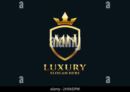 MN elegant luxury monogram logo or badge template with scrolls and royal crown - perfect for luxurious branding projects Stock Vector