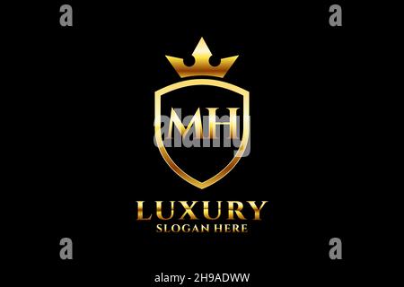 MH elegant luxury monogram logo or badge template with scrolls and royal crown - perfect for luxurious branding projects Stock Vector