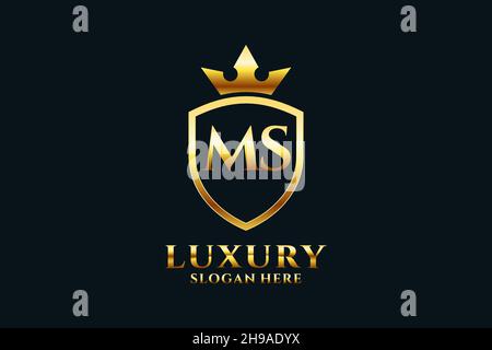 MS elegant luxury monogram logo or badge template with scrolls and royal crown - perfect for luxurious branding projects Stock Vector