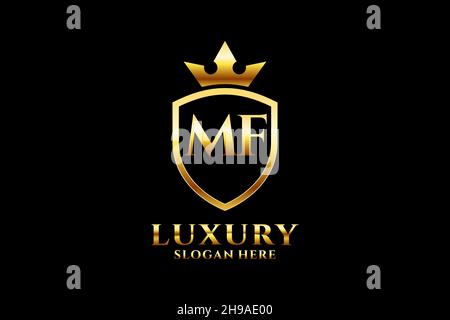 MF elegant luxury monogram logo or badge template with scrolls and royal crown - perfect for luxurious branding projects Stock Vector