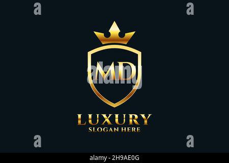 MD elegant luxury monogram logo or badge template with scrolls and royal crown - perfect for luxurious branding projects Stock Vector