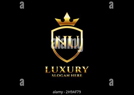 NU elegant luxury monogram logo or badge template with scrolls and royal crown - perfect for luxurious branding projects Stock Vector