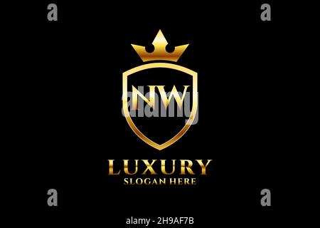 NW elegant luxury monogram logo or badge template with scrolls and royal crown - perfect for luxurious branding projects Stock Vector