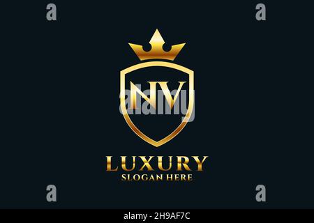 NV elegant luxury monogram logo or badge template with scrolls and royal crown - perfect for luxurious branding projects Stock Vector