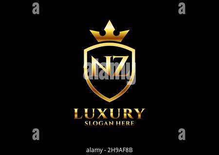 NZ elegant luxury monogram logo or badge template with scrolls and royal crown - perfect for luxurious branding projects Stock Vector