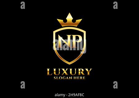 NP elegant luxury monogram logo or badge template with scrolls and royal crown - perfect for luxurious branding projects Stock Vector