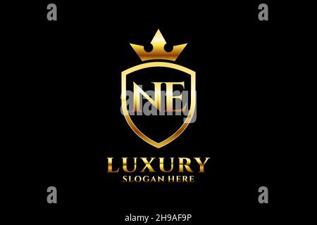 NE elegant luxury monogram logo or badge template with scrolls and royal crown - perfect for luxurious branding projects Stock Vector