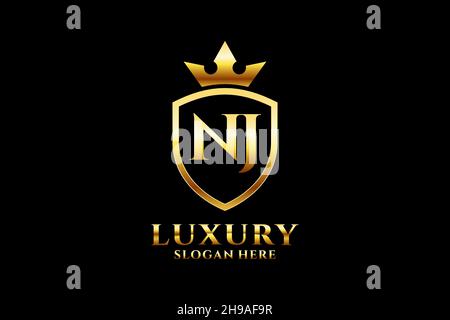 NJ elegant luxury monogram logo or badge template with scrolls and royal crown - perfect for luxurious branding projects Stock Vector