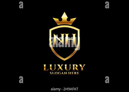 NH elegant luxury monogram logo or badge template with scrolls and royal crown - perfect for luxurious branding projects Stock Vector
