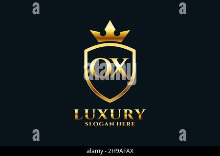 OX elegant luxury monogram logo or badge template with scrolls and royal crown - perfect for luxurious branding projects Stock Vector