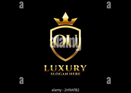 OU elegant luxury monogram logo or badge template with scrolls and royal crown - perfect for luxurious branding projects Stock Vector