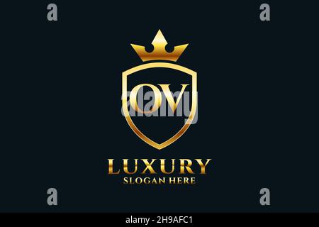 OV elegant luxury monogram logo or badge template with scrolls and royal crown - perfect for luxurious branding projects Stock Vector