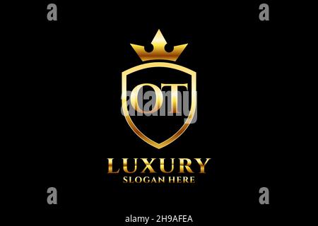 OT elegant luxury monogram logo or badge template with scrolls and royal crown - perfect for luxurious branding projects Stock Vector