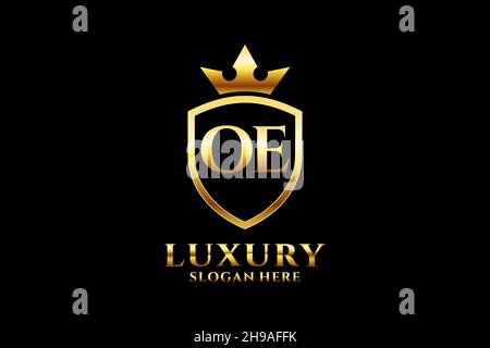 OE elegant luxury monogram logo or badge template with scrolls and royal crown - perfect for luxurious branding projects Stock Vector