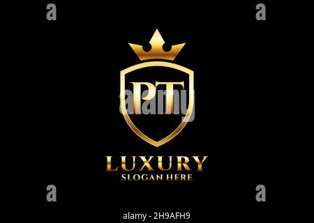 PT elegant luxury monogram logo or badge template with scrolls and royal crown - perfect for luxurious branding projects Stock Vector