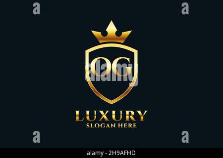 OG elegant luxury monogram logo or badge template with scrolls and royal crown - perfect for luxurious branding projects Stock Vector